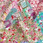Curated scrap bags containing an assortment of adorable Hello Kitty x Liberty Japan Tana Lawn pieces, ranging in sizes from 6-25cm in diameter (2.5"-10").