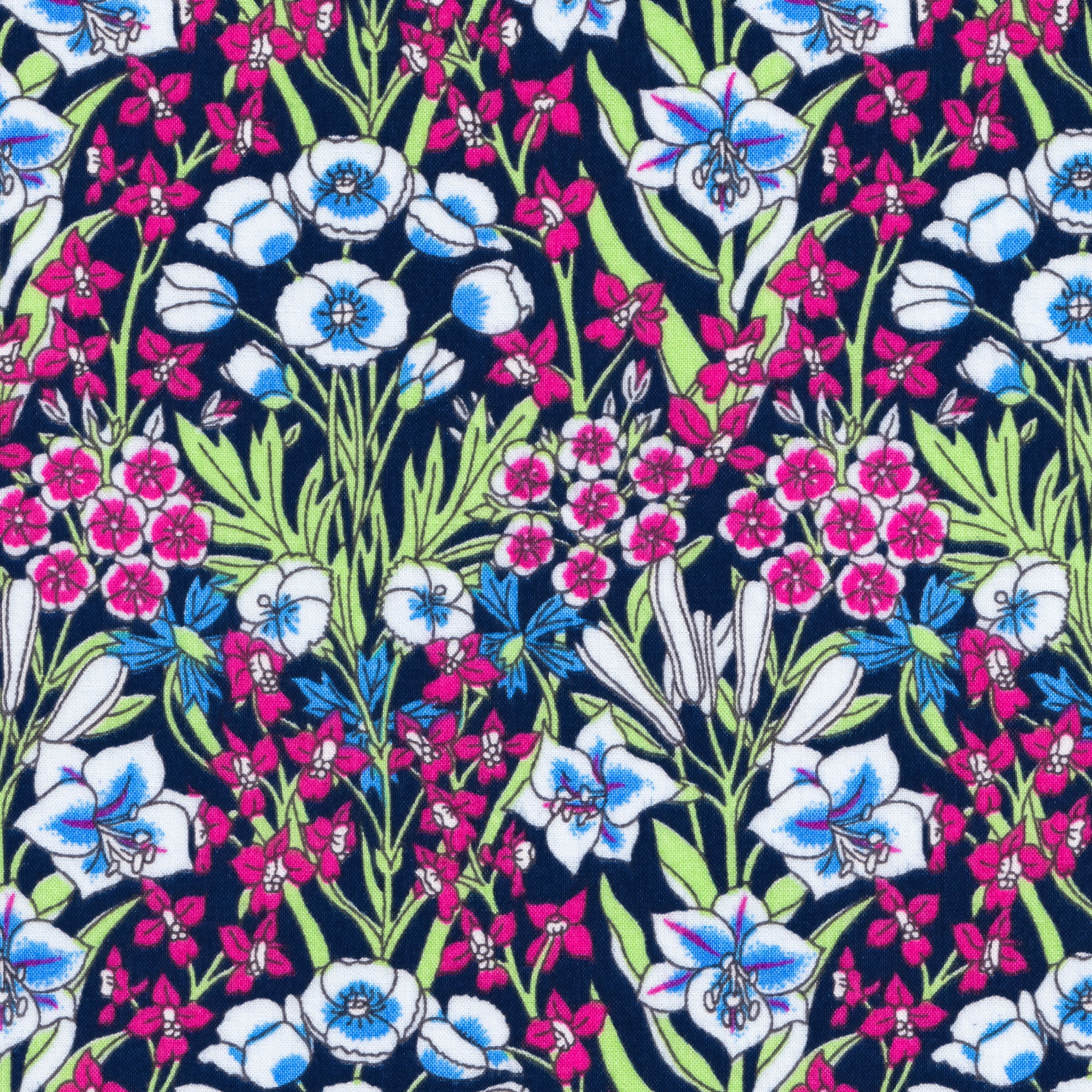Liberty's archival Art Nouveau print Alpine Primrose gets a modern update in hot pinks and sky blues. This lovely print has an ogee-shaped layout of lilies, anemones and dianthus.