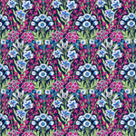 Liberty's archival Art Nouveau print Alpine Primrose gets a modern update in hot pinks and sky blues. This lovely print has an ogee-shaped layout of lilies, anemones and dianthus.