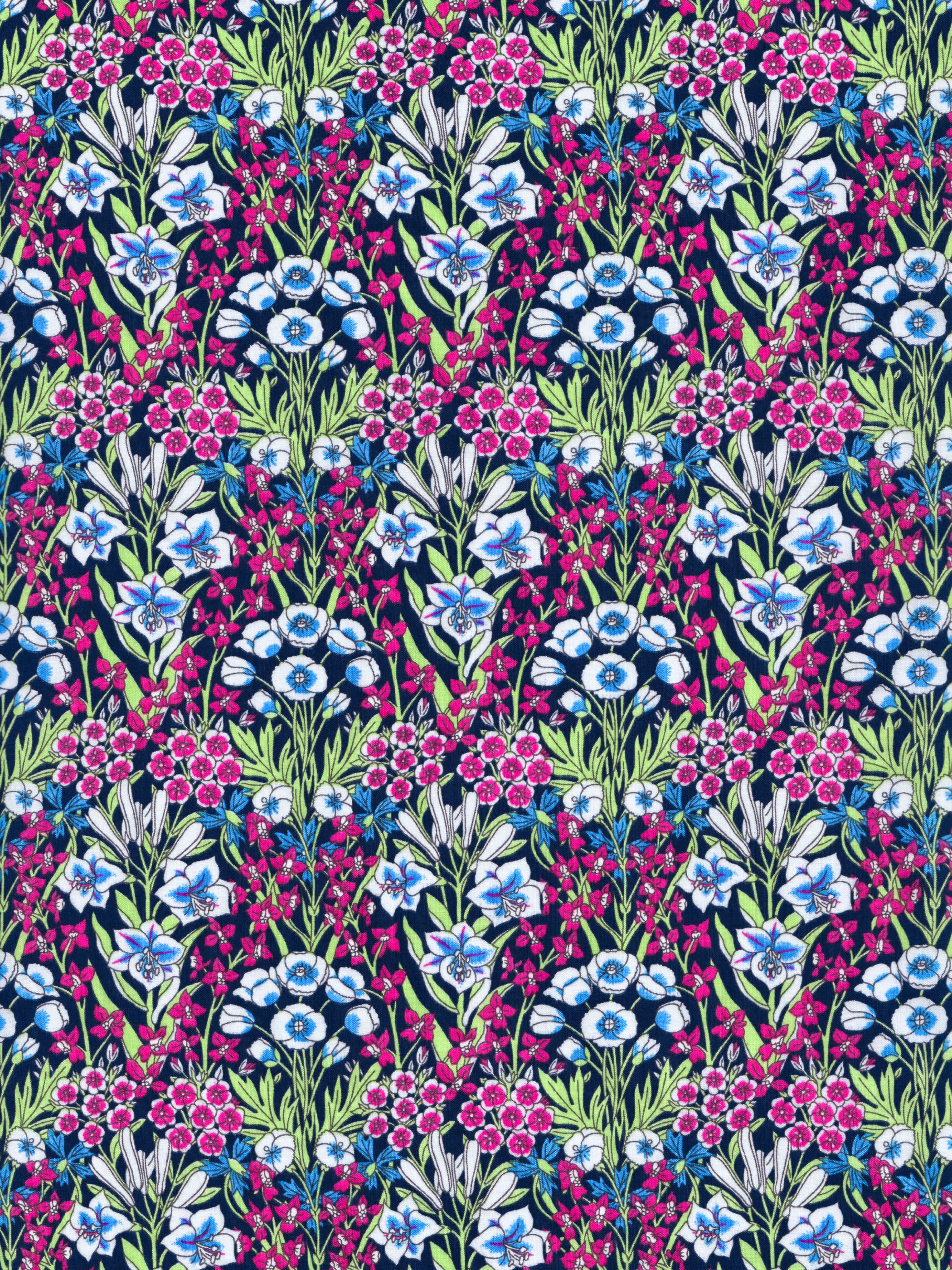 Liberty's archival Art Nouveau print Alpine Primrose gets a modern update in hot pinks and sky blues. This lovely print has an ogee-shaped layout of lilies, anemones and dianthus.