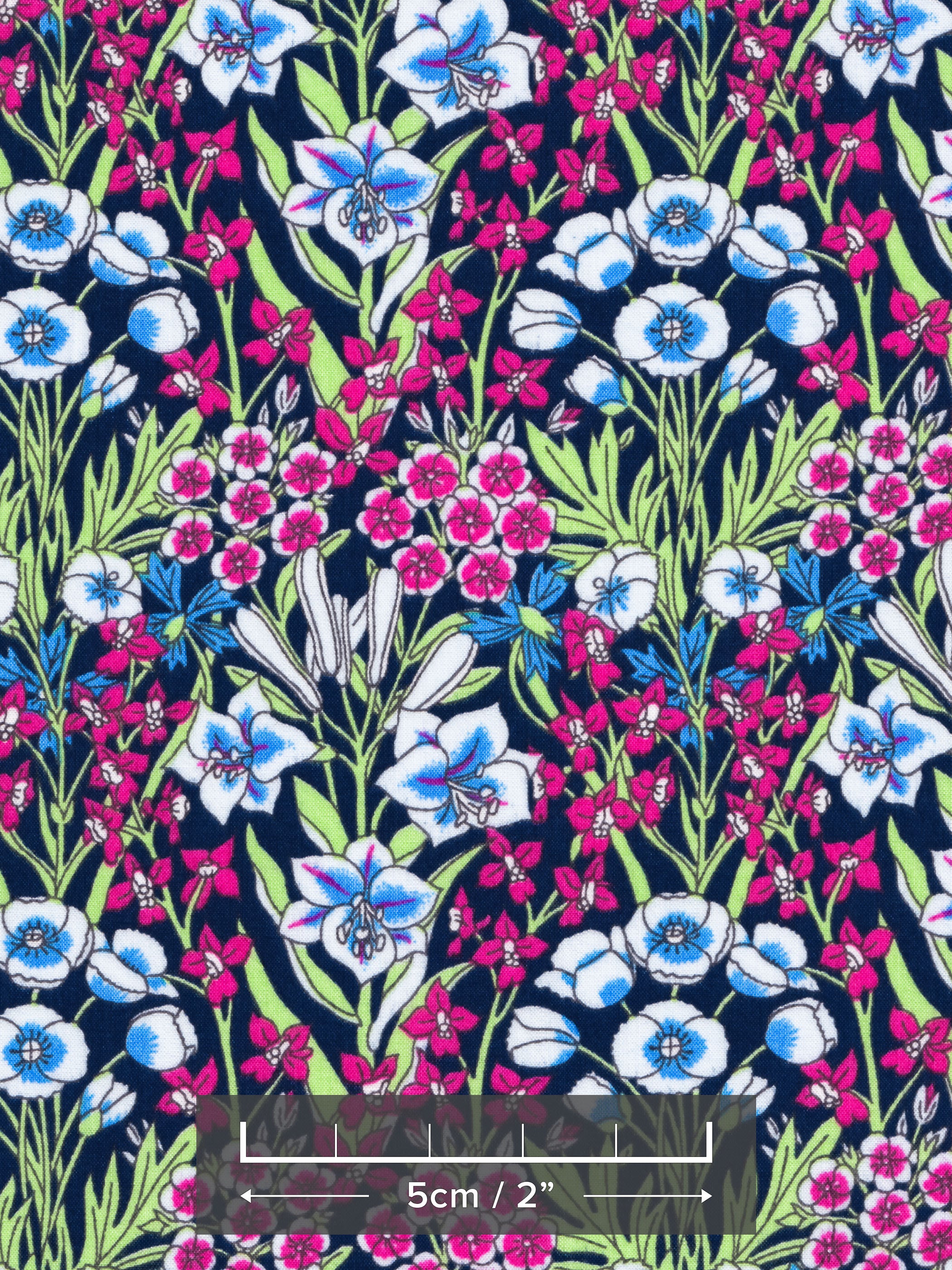 Liberty's archival Art Nouveau print Alpine Primrose gets a modern update in hot pinks and sky blues. This lovely print has an ogee-shaped layout of lilies, anemones and dianthus.