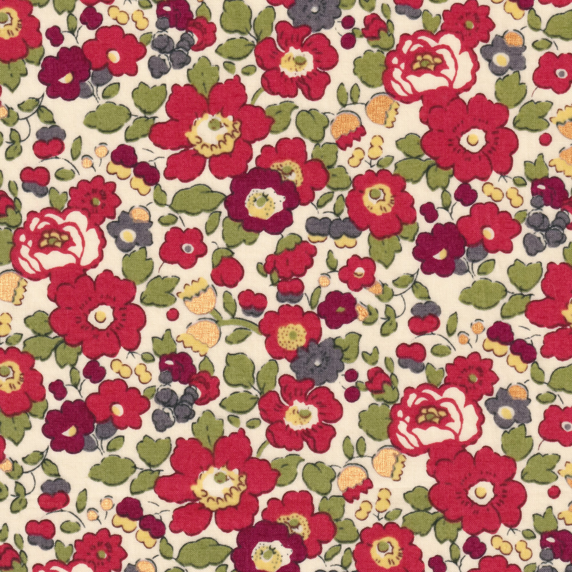 A gorgeous rare Betsy Mini from Liberty Japan's 2009 collection, with cranberry red flowers accented with pops of metallic gold.