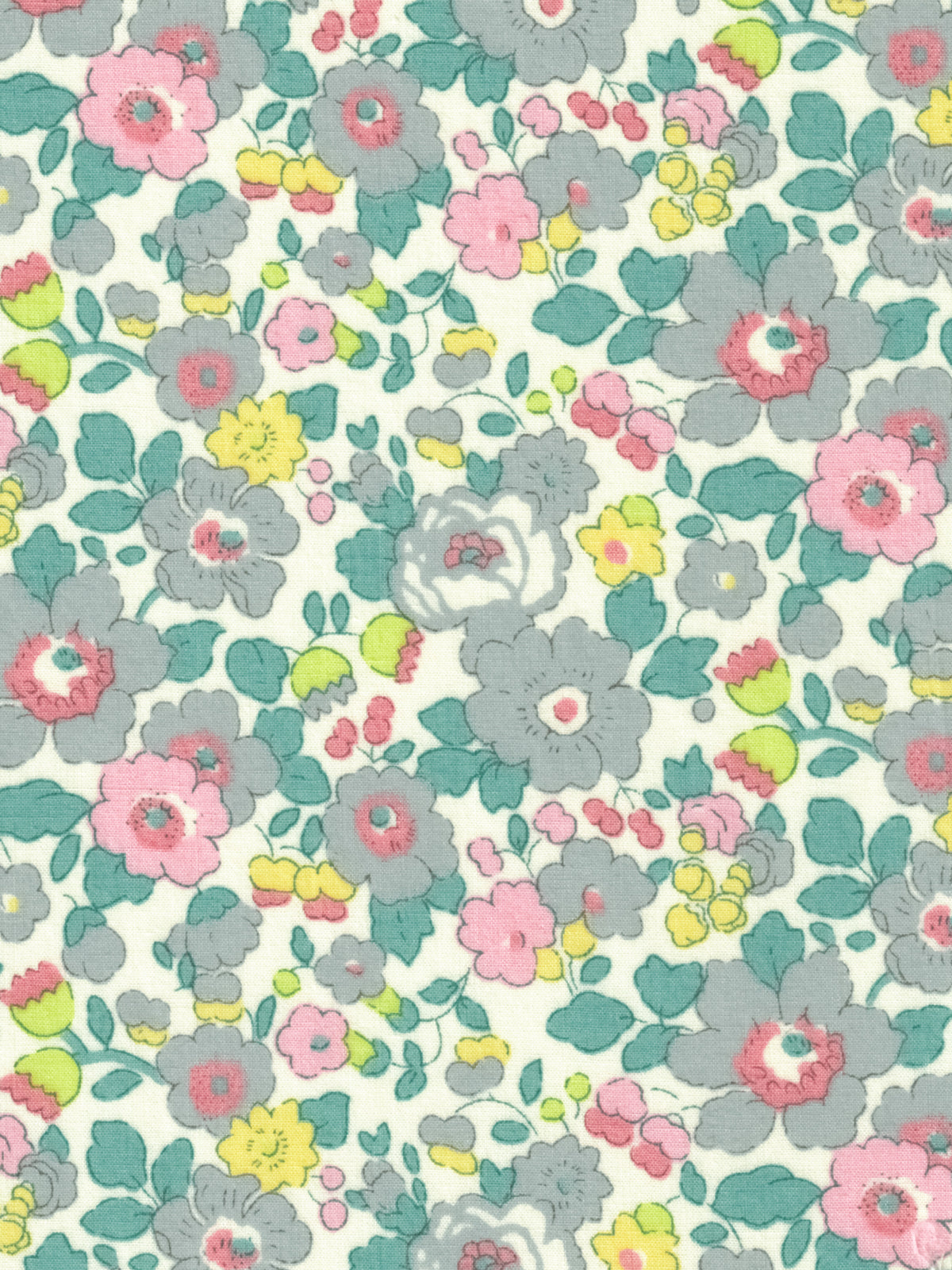 A Liberty Japan exclusive Betsy Mini colourway, with soft grey and pink florals contrasted with zesty citrus green accents.