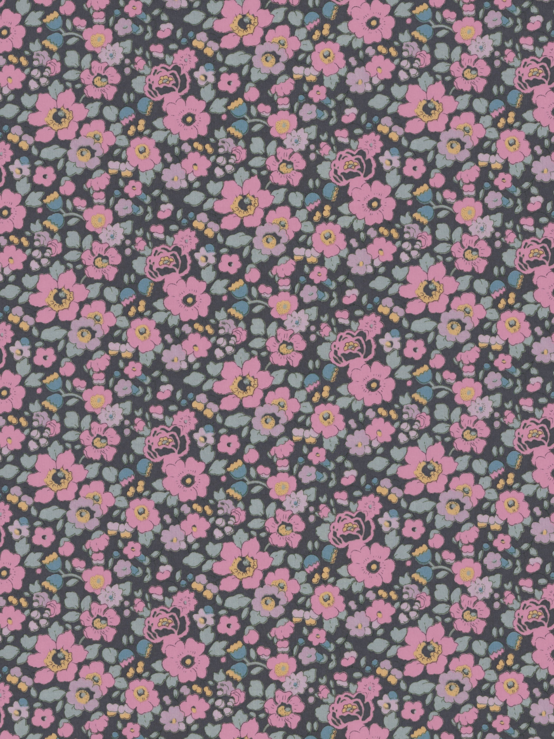 A punchy Japanese Liberty Betsy Ann colourway with pink blooms on a striking charcoal background.