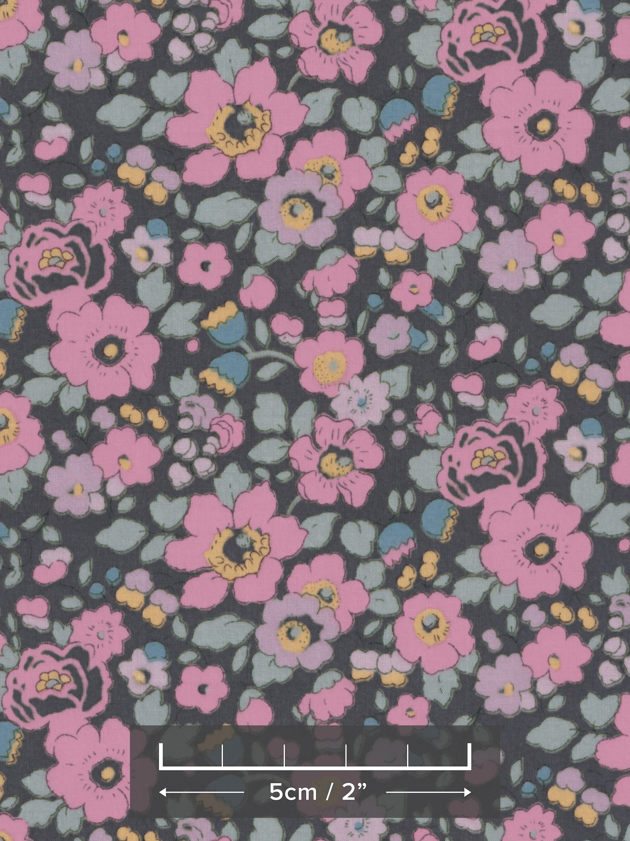 A punchy Japanese Liberty Betsy Ann colourway with pink blooms on a striking charcoal background.