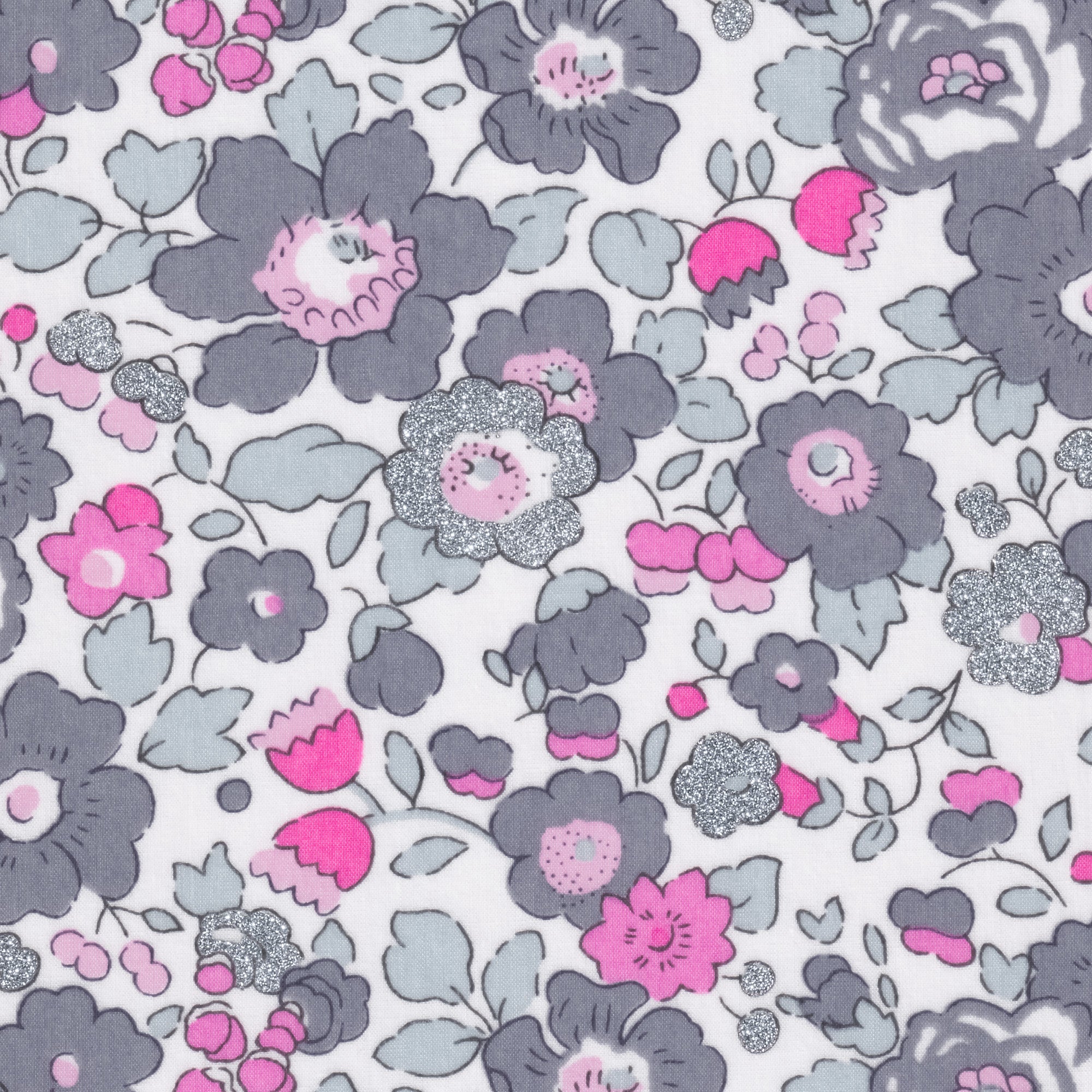 A rare discontinued Betsy from the highly sought-after Jewel Box collection. Betsy Platinum features soft grey and hot pink flowers with silver glitter accents.
