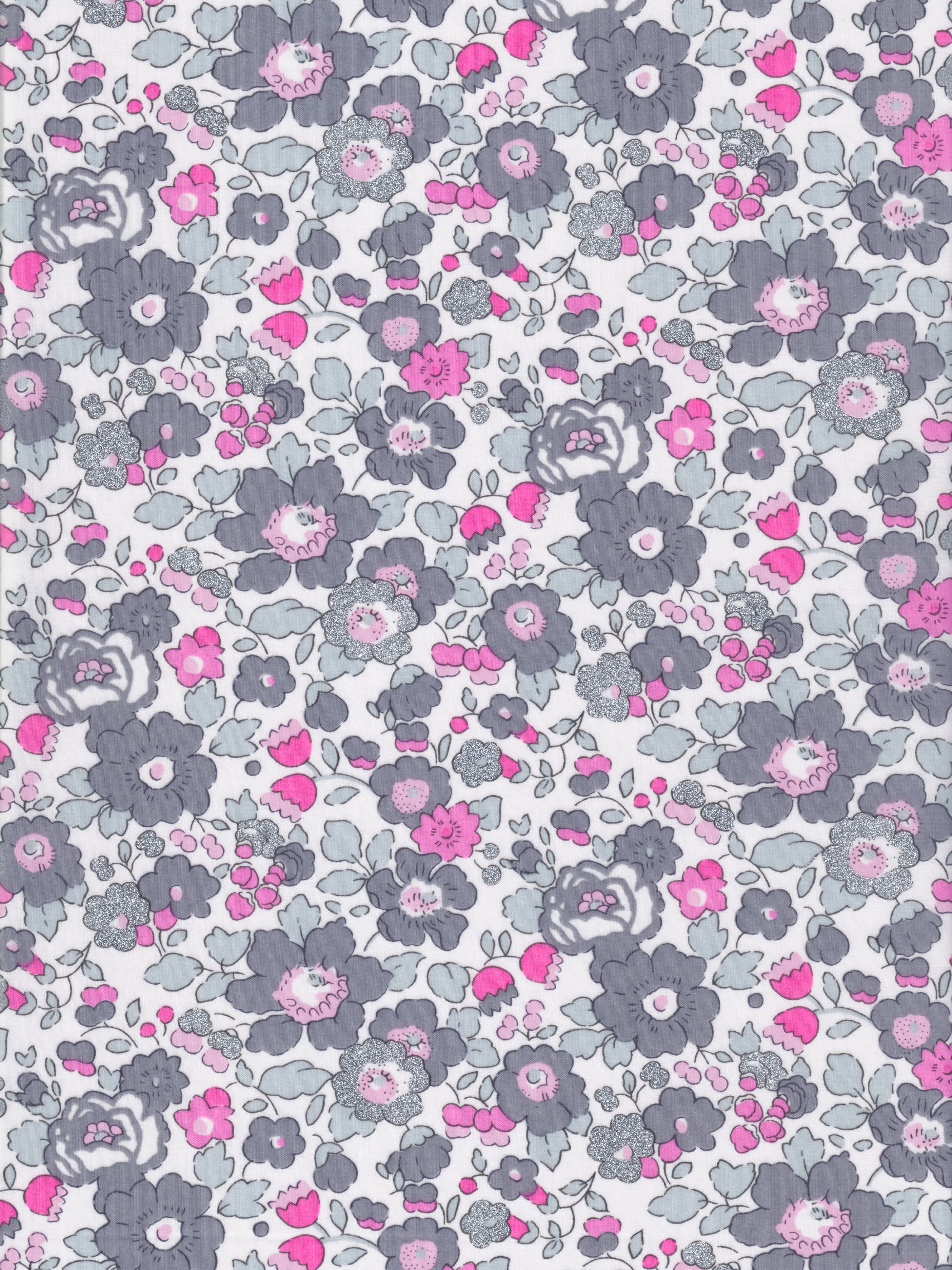 A rare discontinued Betsy from the highly sought-after Jewel Box collection. Betsy Platinum features soft grey and hot pink flowers with silver glitter accents.