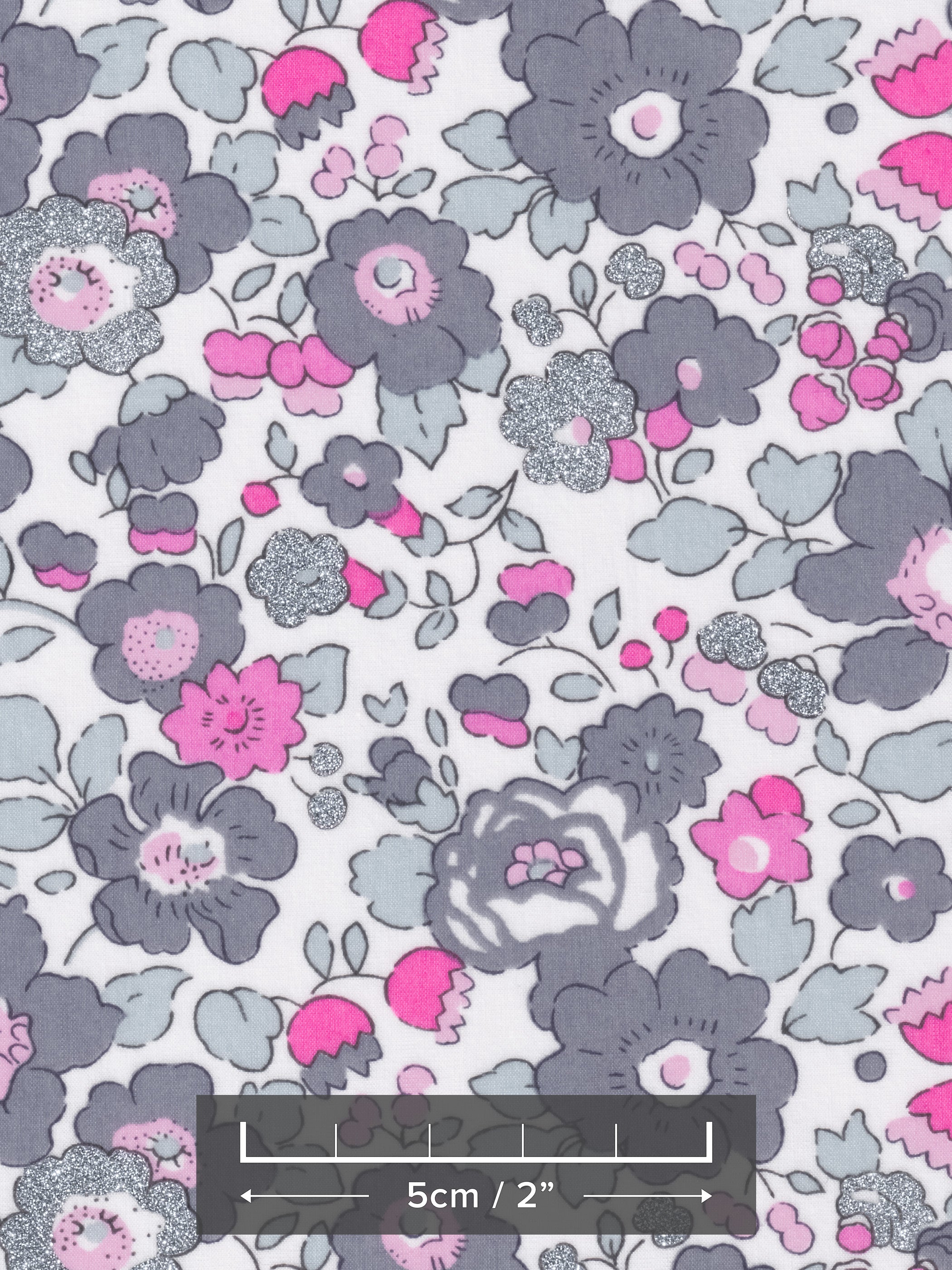 A rare discontinued Betsy from the highly sought-after Jewel Box collection. Betsy Platinum features soft grey and hot pink flowers with silver glitter accents.