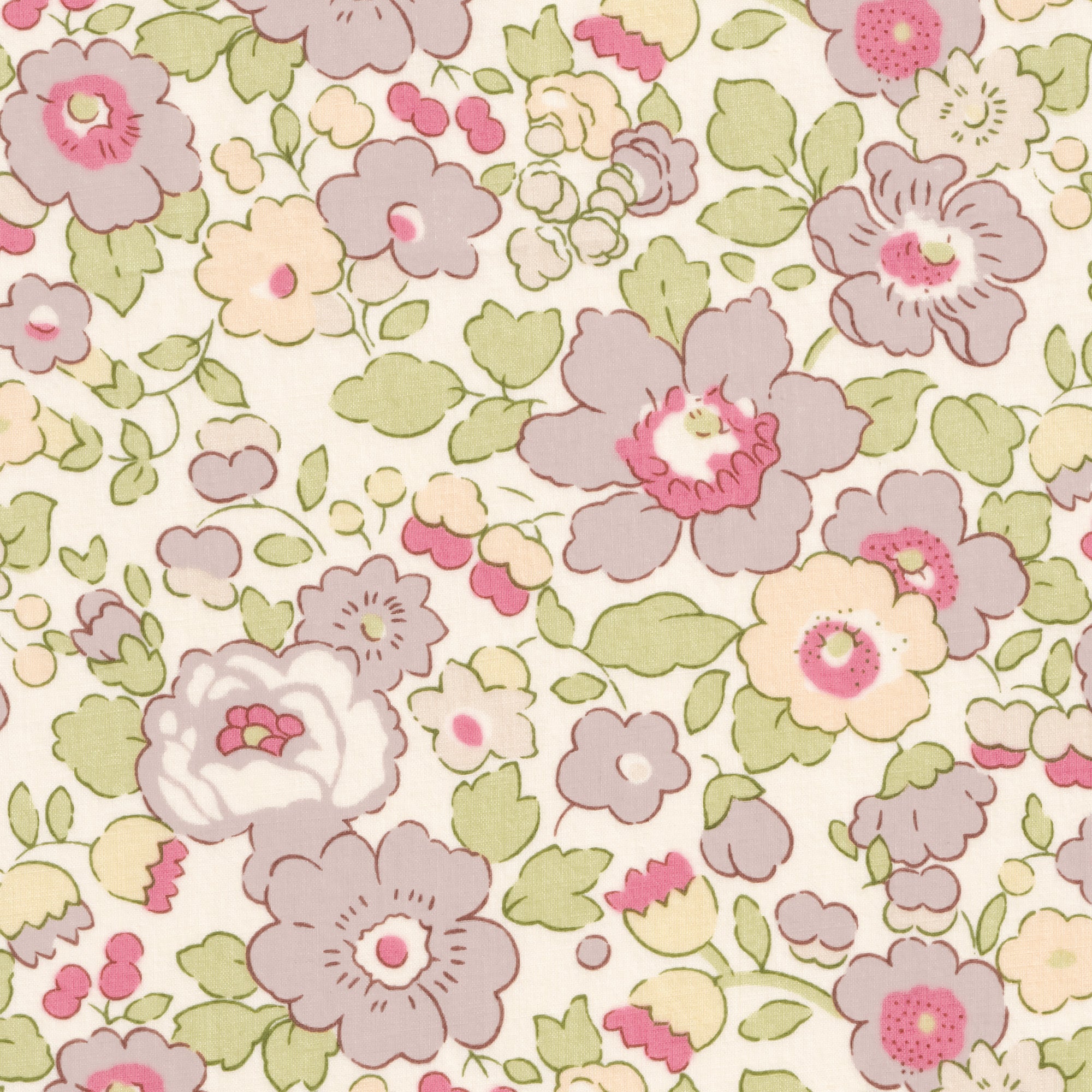 A Liberty Japan discontinued Betsy colourway in subtle mauves, yellows, and greens with a pop of red. 