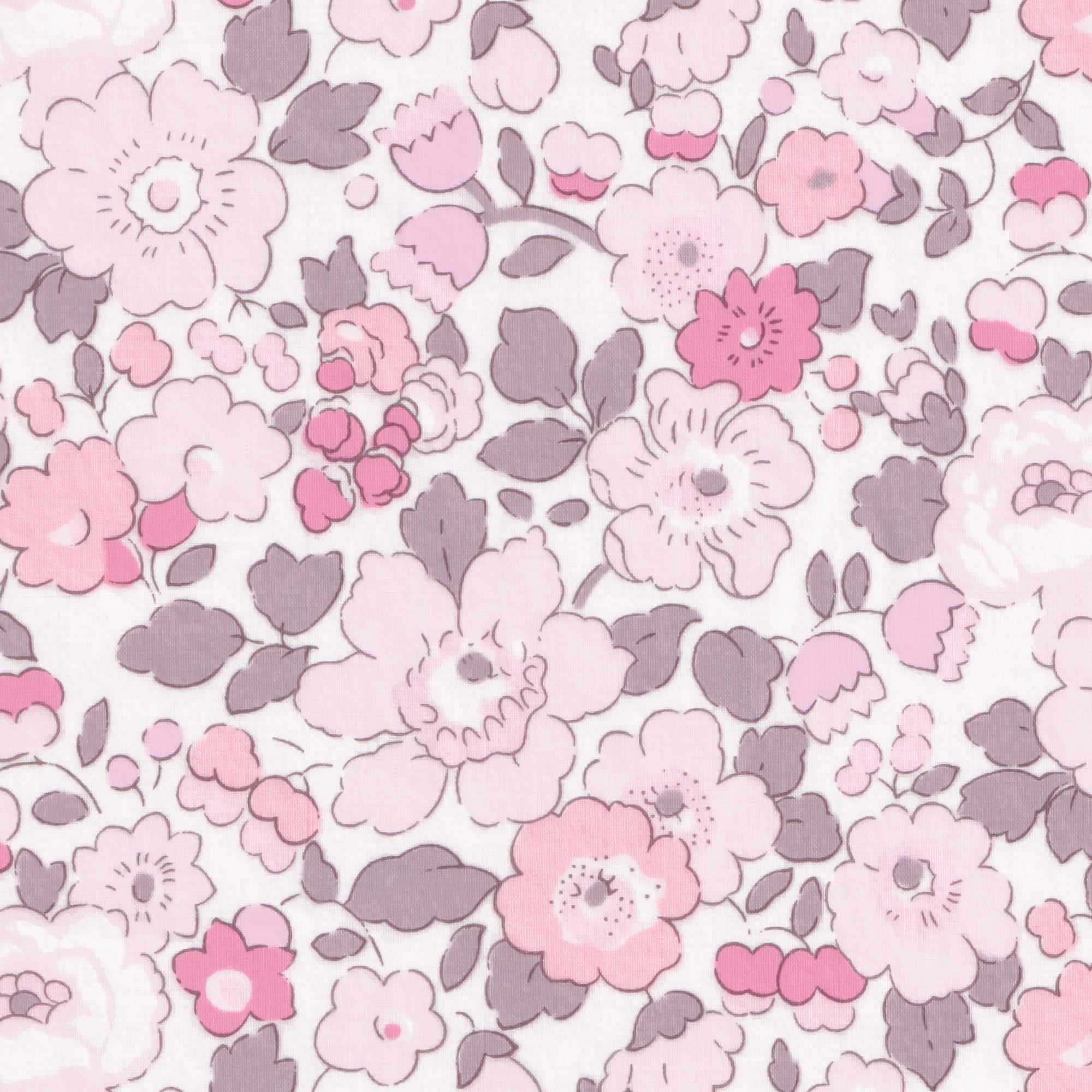 A limited edition Betsy colourway from Liberty Japan that you could just drink up! Betsy Strawberry Milk has soft pastel pink flowers accented with milky greys.