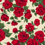 A romantic and timeless Liberty rose print fabric from the 1990s. Carline has richly detailed deep red roses with dark green leaves scattered across a cream background.