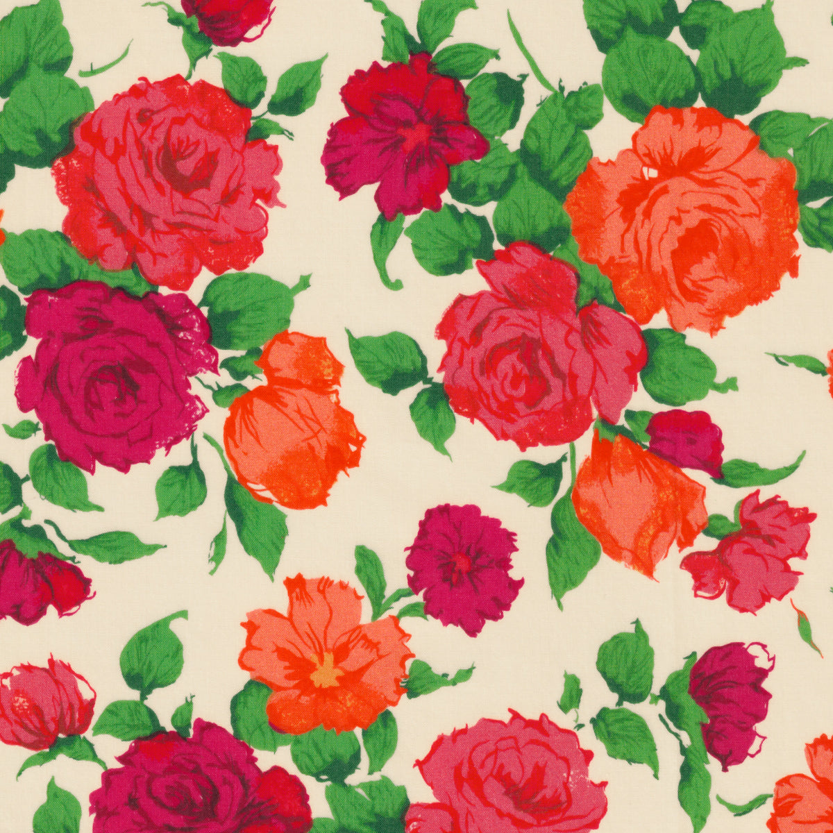 A modern interpretation of Liberty's classic rose Carline print, this rare colourway has vibrant orange and red florals on a cream background.