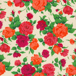 A modern interpretation of Liberty's classic rose Carline print, this rare colourway has vibrant orange and red florals on a cream background.