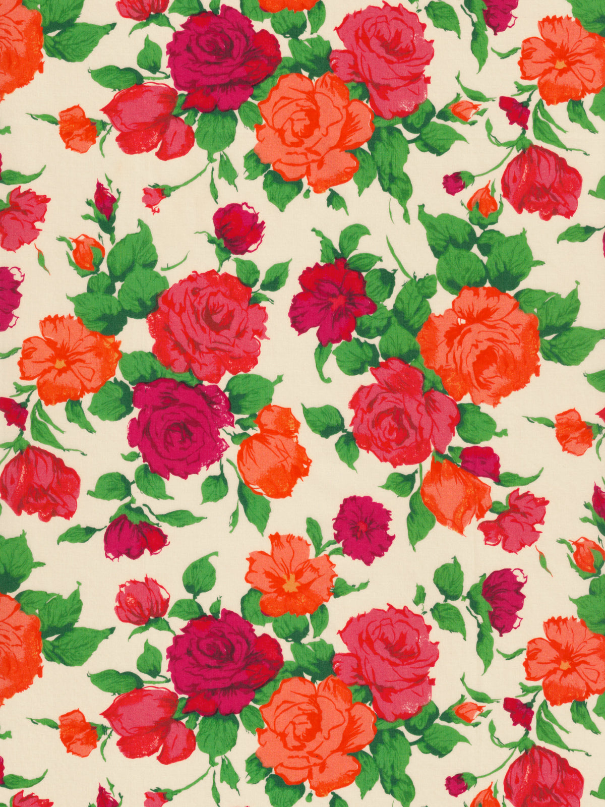 A modern interpretation of Liberty's classic rose Carline print, this rare colourway has vibrant orange and red florals on a cream background.