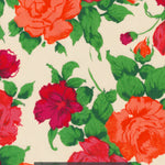 A modern interpretation of Liberty's classic rose Carline print, this rare colourway has vibrant orange and red florals on a cream background.