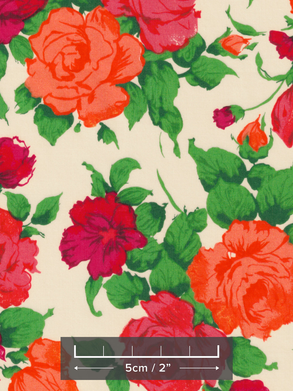 A modern interpretation of Liberty's classic rose Carline print, this rare colourway has vibrant orange and red florals on a cream background.