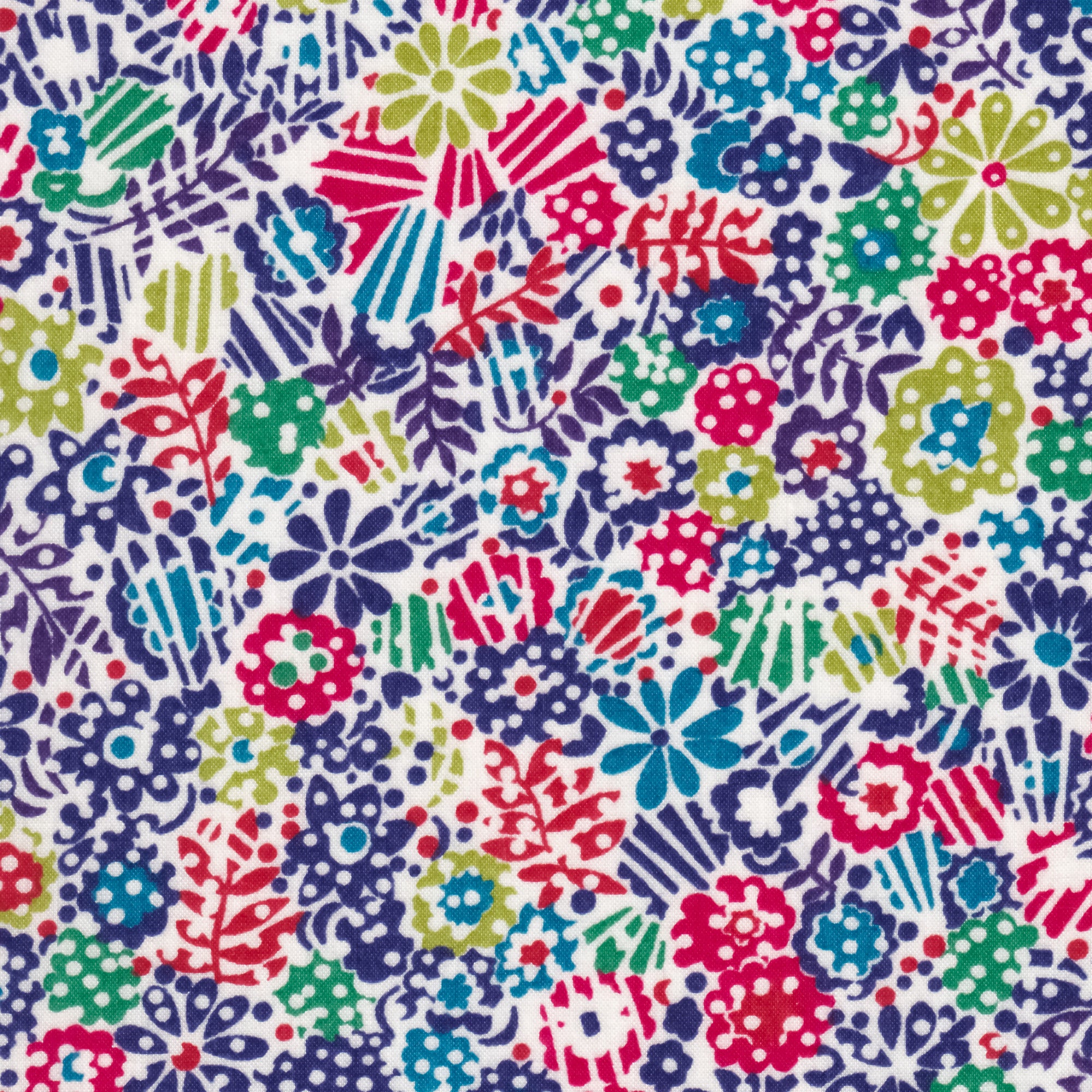 Clarricoates, from Liberty's 2012 seasonal collection, has a bold all-over mix of graphic floral motifs in navy, red, and chartreuse green.