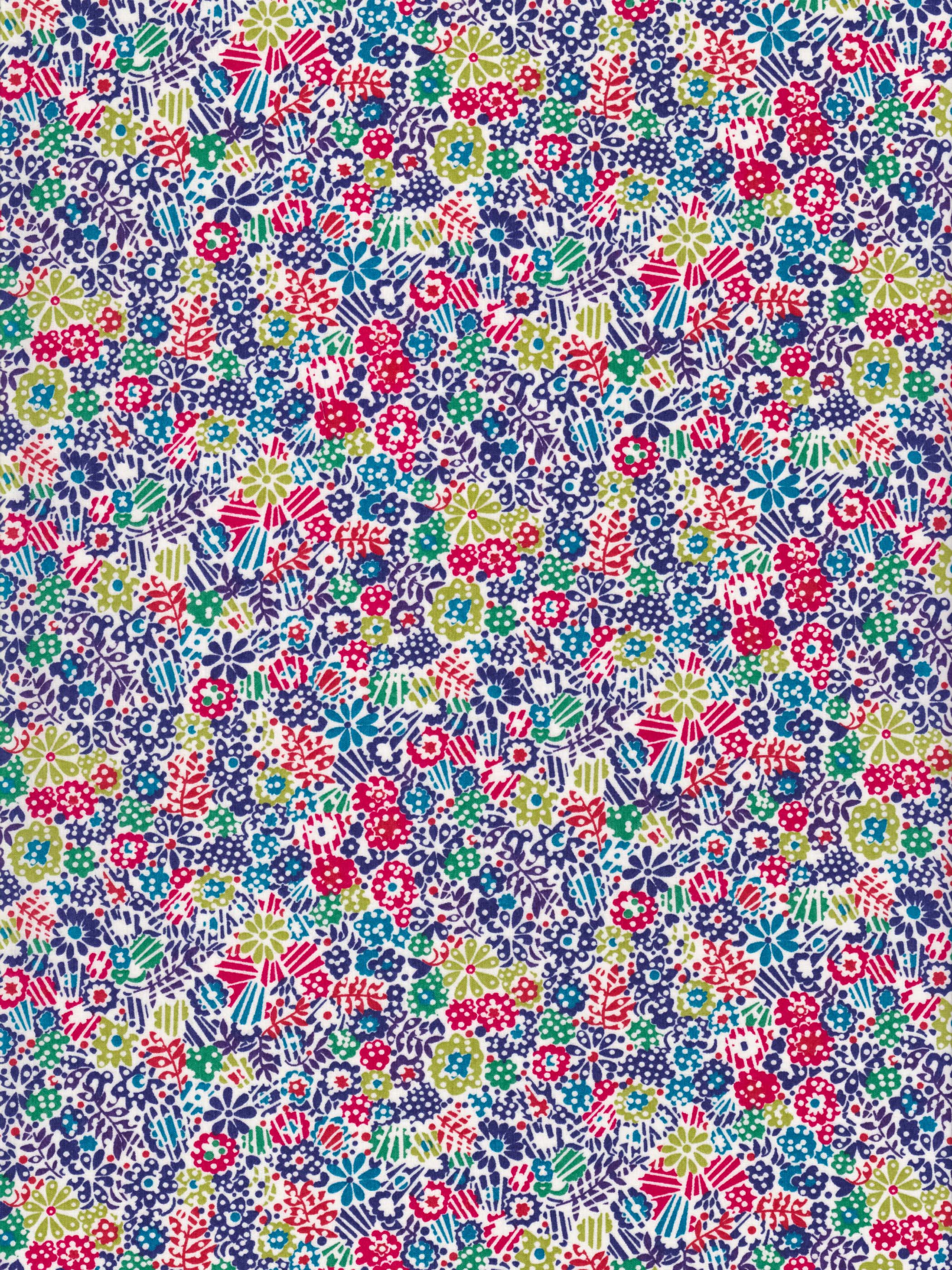 Clarricoates, from Liberty's 2012 seasonal collection, has a bold all-over mix of graphic floral motifs in navy, red, and chartreuse green.