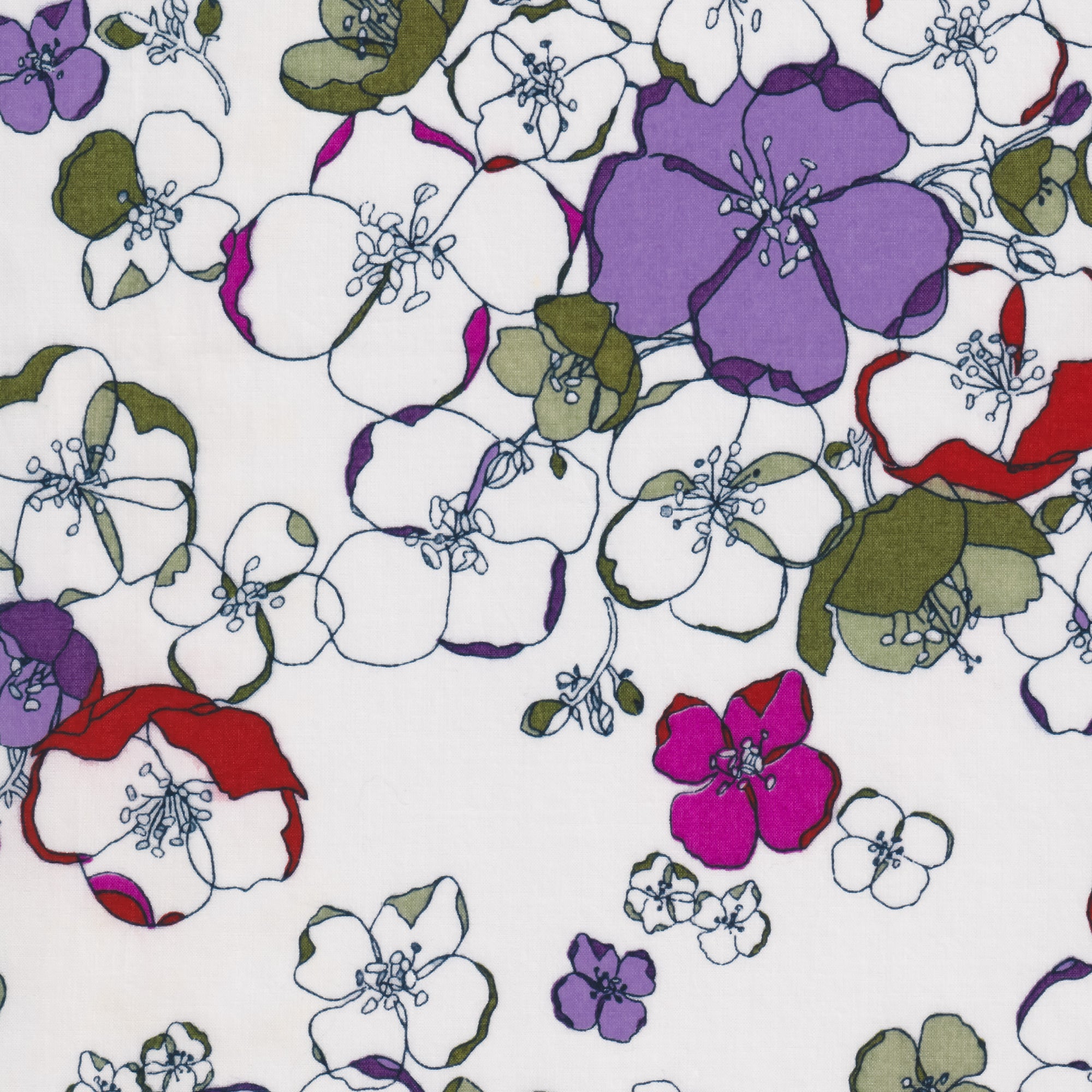 Glynis is a rare graphic Liberty floral from the early 2000s, with hand-drawn flowers in purple, red, fuchsia, and sage green on a white background.