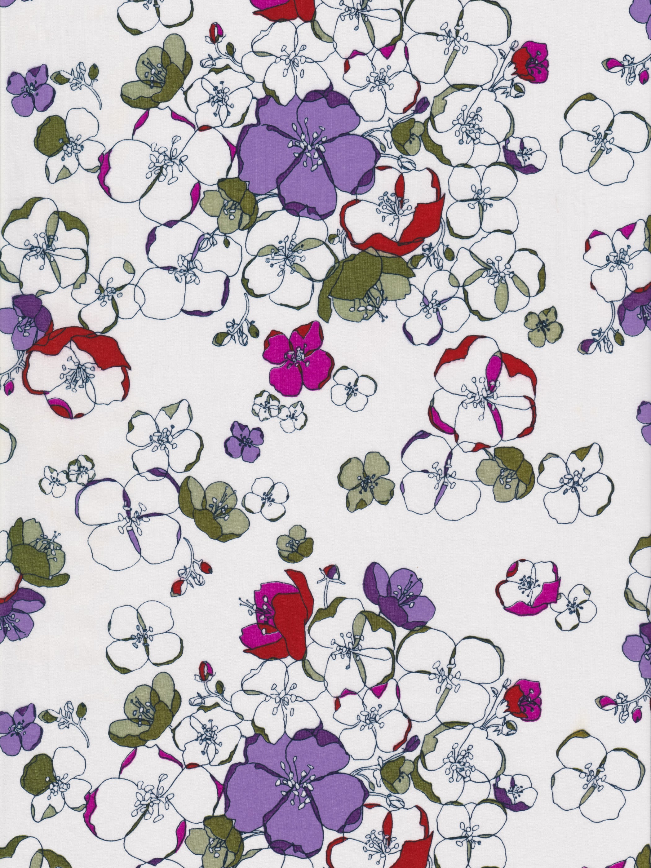 Glynis is a rare graphic Liberty floral from the early 2000s, with hand-drawn flowers in purple, red, fuchsia, and sage green on a white background.