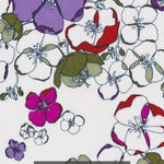 Glynis is a rare graphic Liberty floral from the early 2000s, with hand-drawn flowers in purple, red, fuchsia, and sage green on a white background.