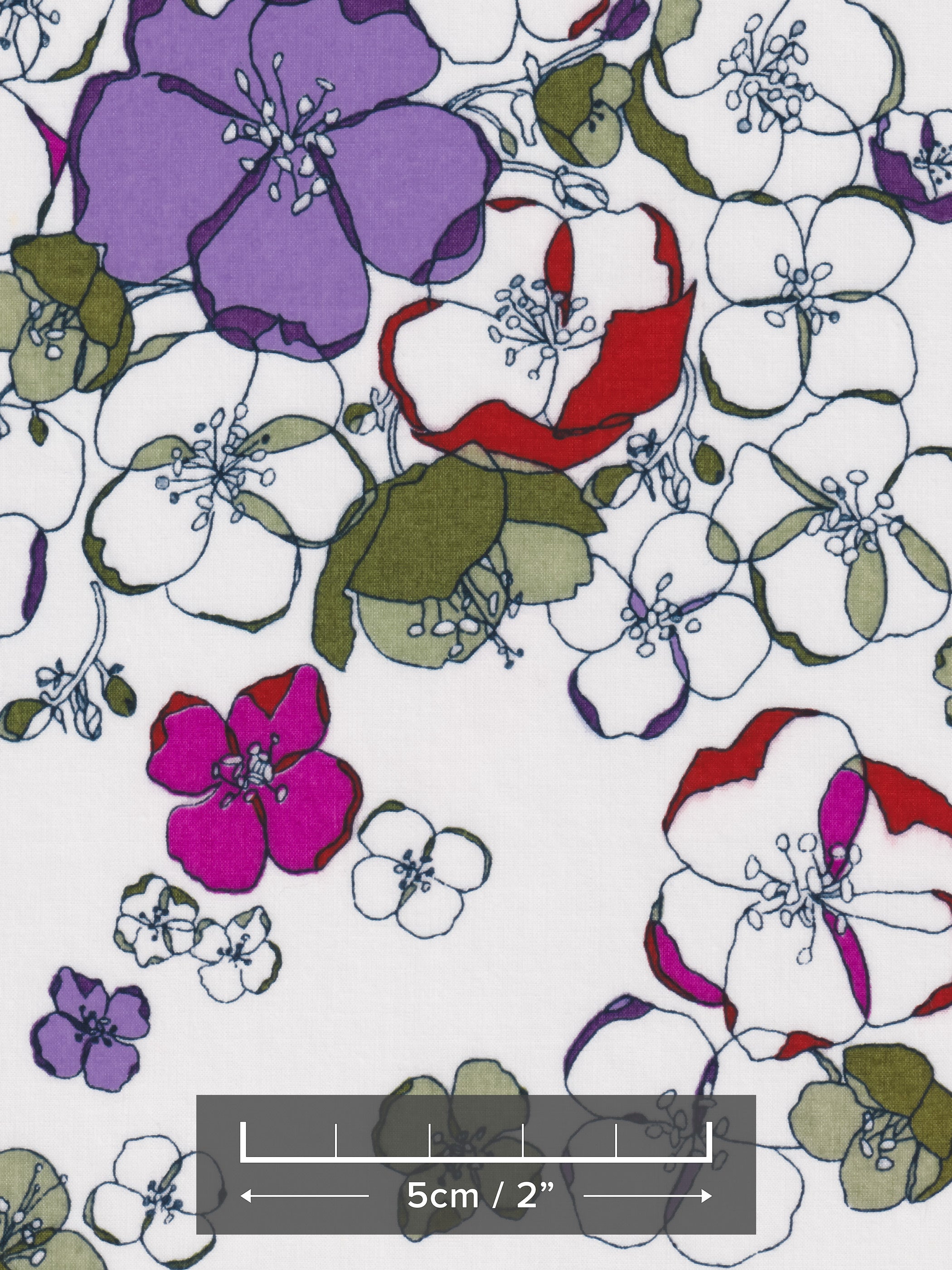Glynis is a rare graphic Liberty floral from the early 2000s, with hand-drawn flowers in purple, red, fuchsia, and sage green on a white background.