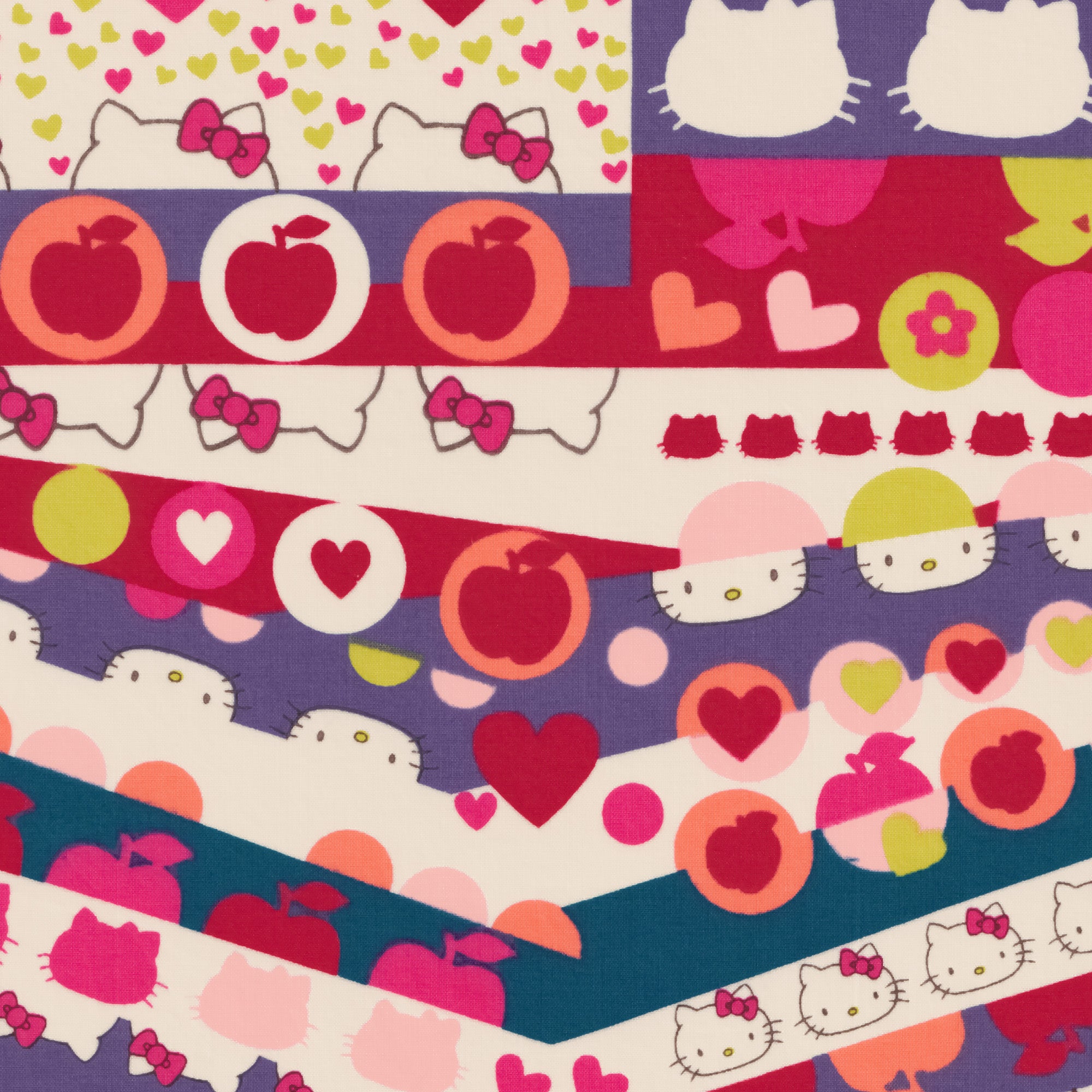 A geometric print from one of Liberty Japan's earliest collaborations with Hello Kitty, this vibrant print would be perfect for a little girl's garment.