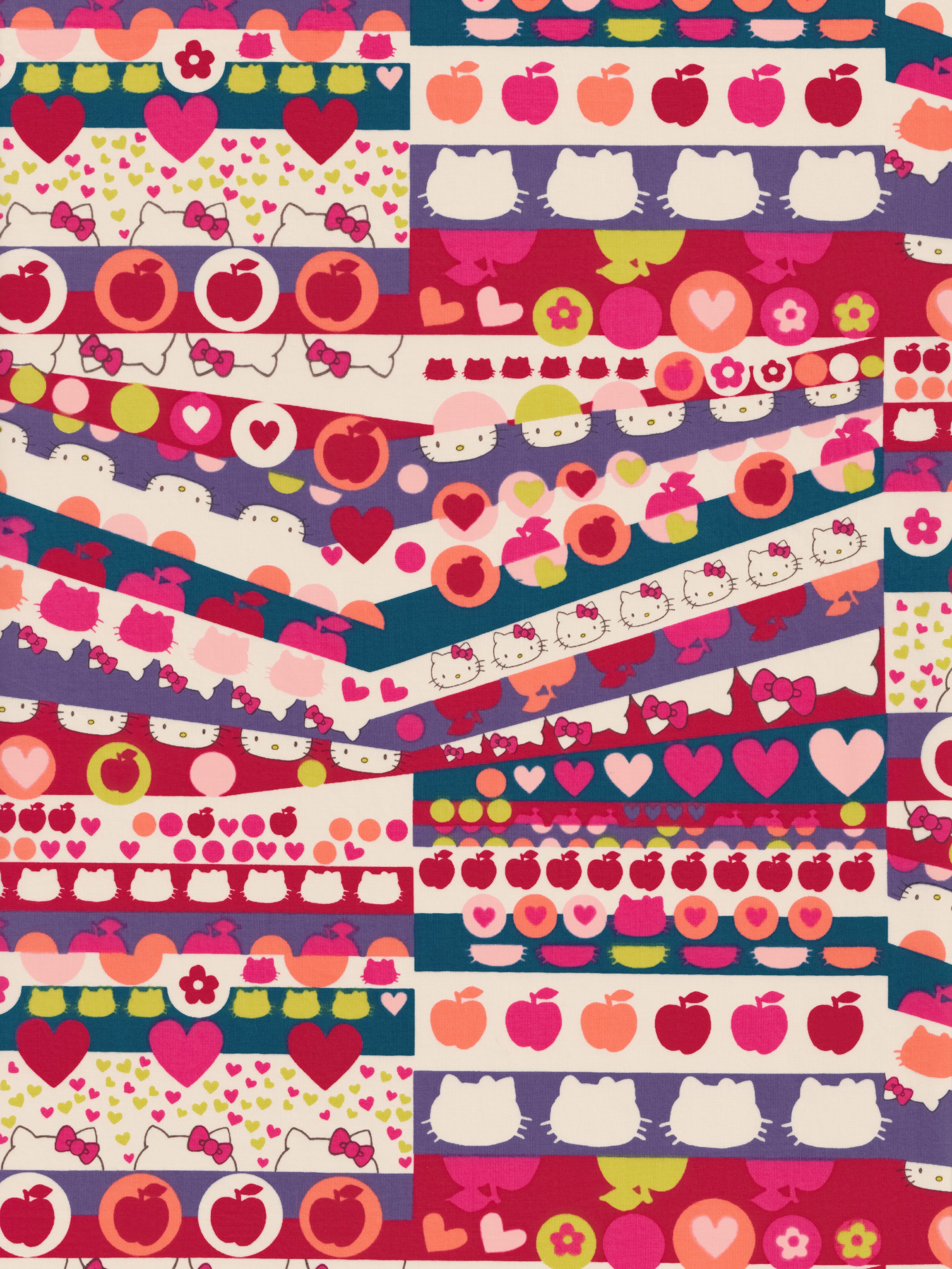 A geometric print from one of Liberty Japan's earliest collaborations with Hello Kitty, this vibrant print would be perfect for a little girl's garment.