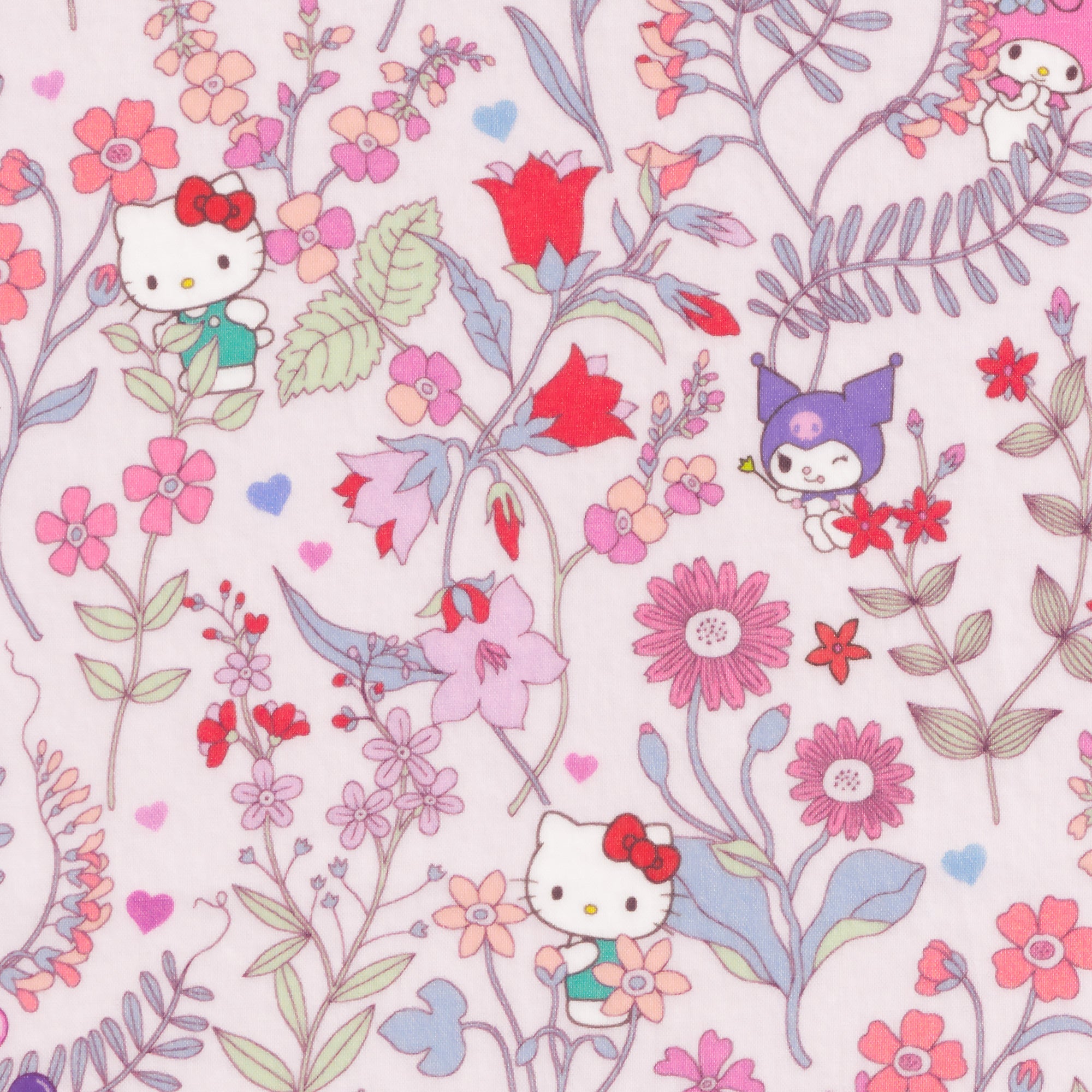 A seriously gorgeous print from the newest Liberty Japan x Sanrio collaboration. Hello Kitty, Kuromi and friends dance on a soft, dreamy version of the Lola Weisselberg print, with pink and red wildflowers, lilac ferns and scattered hearts on a blush pink background.