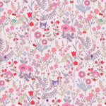 A seriously gorgeous print from the newest Liberty Japan x Sanrio collaboration. Hello Kitty, Kuromi and friends dance on a soft, dreamy version of the Lola Weisselberg print, with pink and red wildflowers, lilac ferns and scattered hearts on a blush pink background.