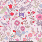 A seriously gorgeous print from the newest Liberty Japan x Sanrio collaboration. Hello Kitty, Kuromi and friends dance on a soft, dreamy version of the Lola Weisselberg print, with pink and red wildflowers, lilac ferns and scattered hearts on a blush pink background.