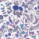 A stunning print from the newest Liberty Japan x Sanrio collaboration. Hello Kitty, Kuromi and friends dance on a soft, dreamy version of the Lola Weisselberg print, with blue wildflowers, ferns and scattered hearts on a very pale blue-grey background.
