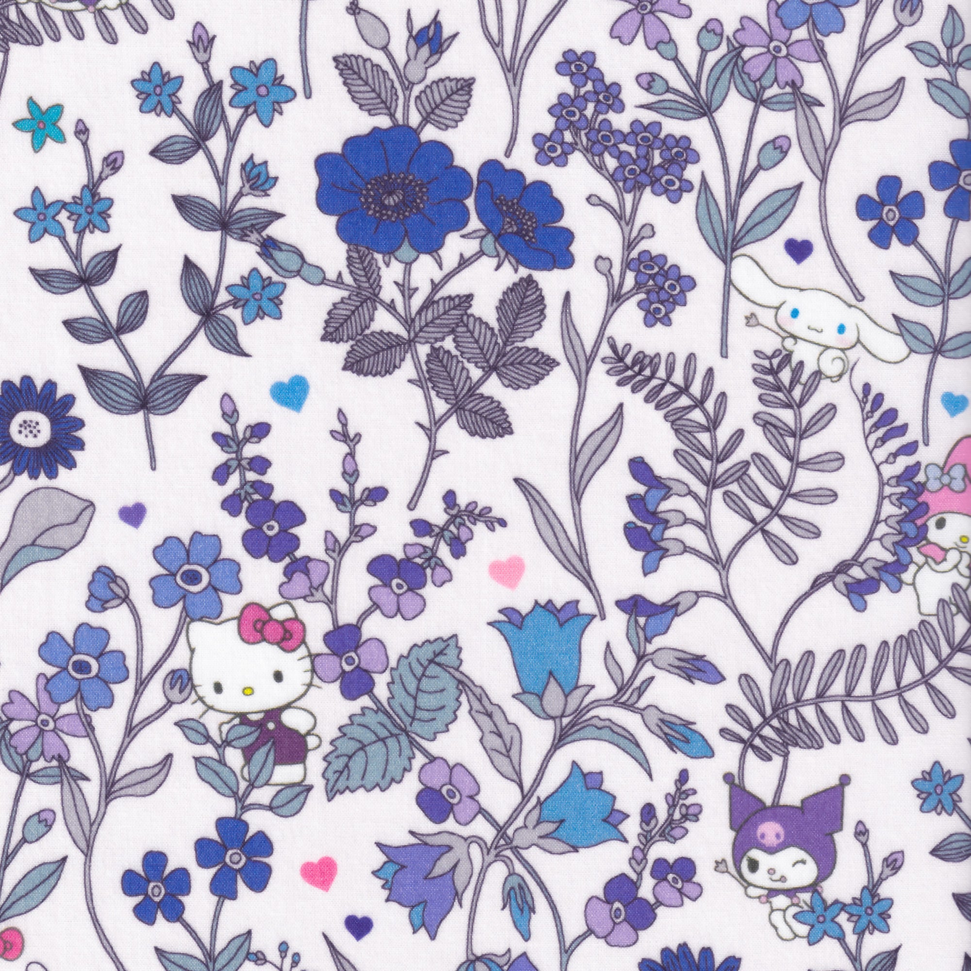 A stunning print from the newest Liberty Japan x Sanrio collaboration. Hello Kitty, Kuromi and friends dance on a soft, dreamy version of the Lola Weisselberg print, with blue wildflowers, ferns and scattered hearts on a very pale blue-grey background.