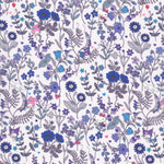A stunning print from the newest Liberty Japan x Sanrio collaboration. Hello Kitty, Kuromi and friends dance on a soft, dreamy version of the Lola Weisselberg print, with blue wildflowers, ferns and scattered hearts on a very pale blue-grey background.