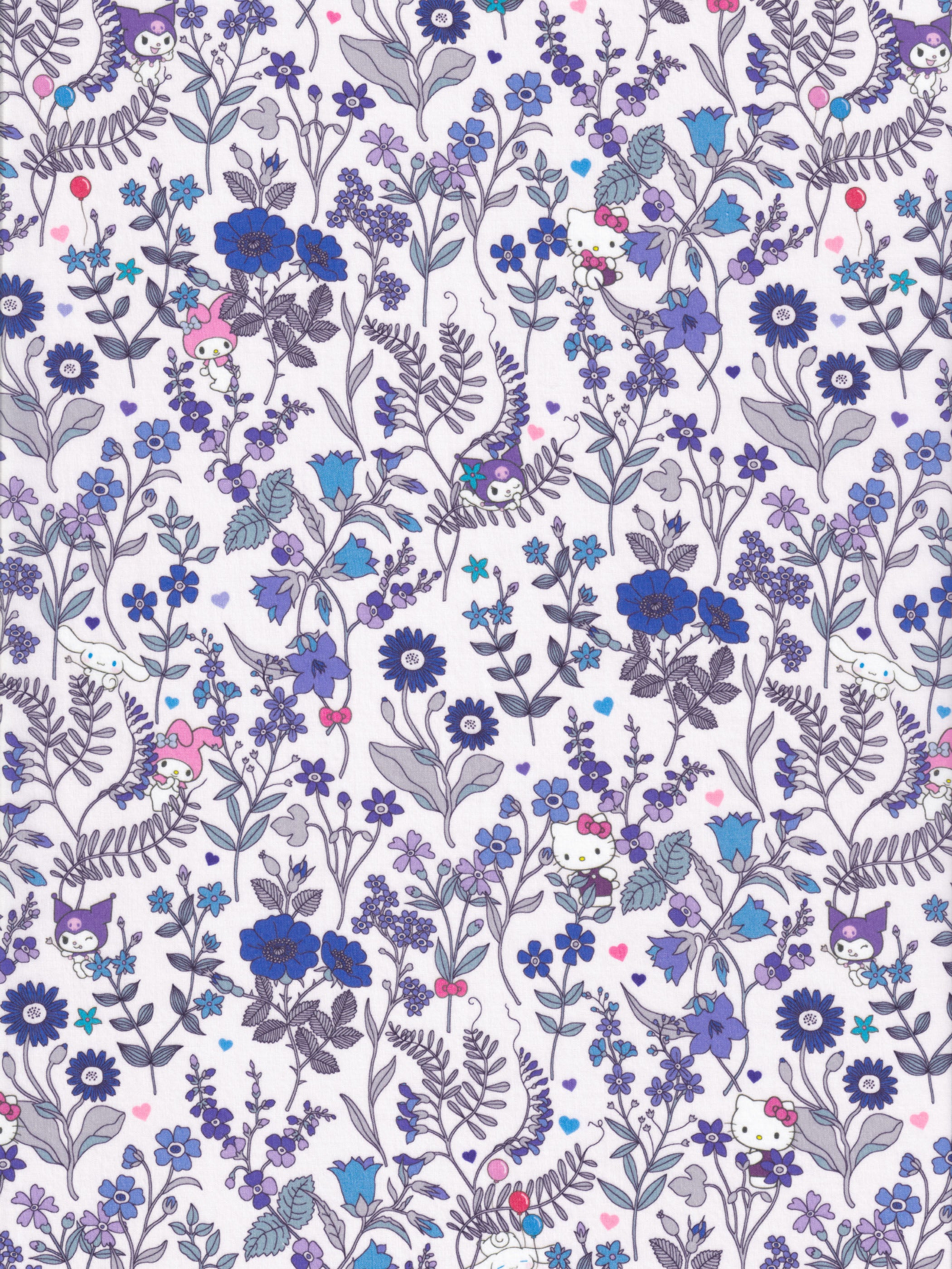 A stunning print from the newest Liberty Japan x Sanrio collaboration. Hello Kitty, Kuromi and friends dance on a soft, dreamy version of the Lola Weisselberg print, with blue wildflowers, ferns and scattered hearts on a very pale blue-grey background.