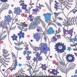 A stunning print from the newest Liberty Japan x Sanrio collaboration. Hello Kitty, Kuromi and friends dance on a soft, dreamy version of the Lola Weisselberg print, with blue wildflowers, ferns and scattered hearts on a very pale blue-grey background.