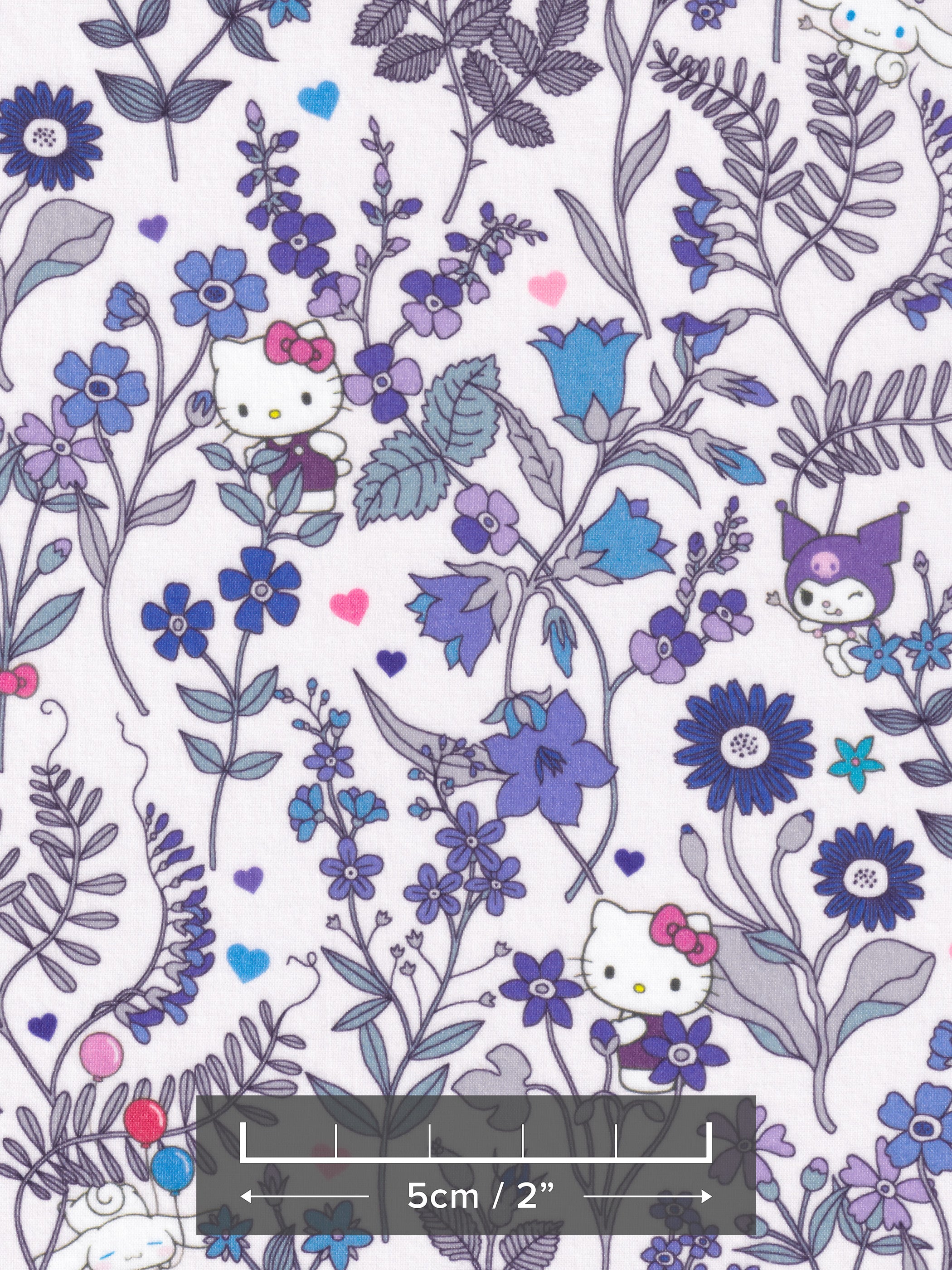 A stunning print from the newest Liberty Japan x Sanrio collaboration. Hello Kitty, Kuromi and friends dance on a soft, dreamy version of the Lola Weisselberg print, with blue wildflowers, ferns and scattered hearts on a very pale blue-grey background.