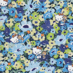 This print from the newest Liberty Japan x Hello Kitty collaboration is a twist on the much-loved classic Liberty print Thorpe. Hello Kitty and her teddy play hide-and-seek in a meadow of flowers in blues and greens.