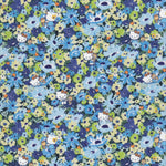 This print from the newest Liberty Japan x Hello Kitty collaboration is a twist on the much-loved classic Liberty print Thorpe. Hello Kitty and her teddy play hide-and-seek in a meadow of flowers in blues and greens.