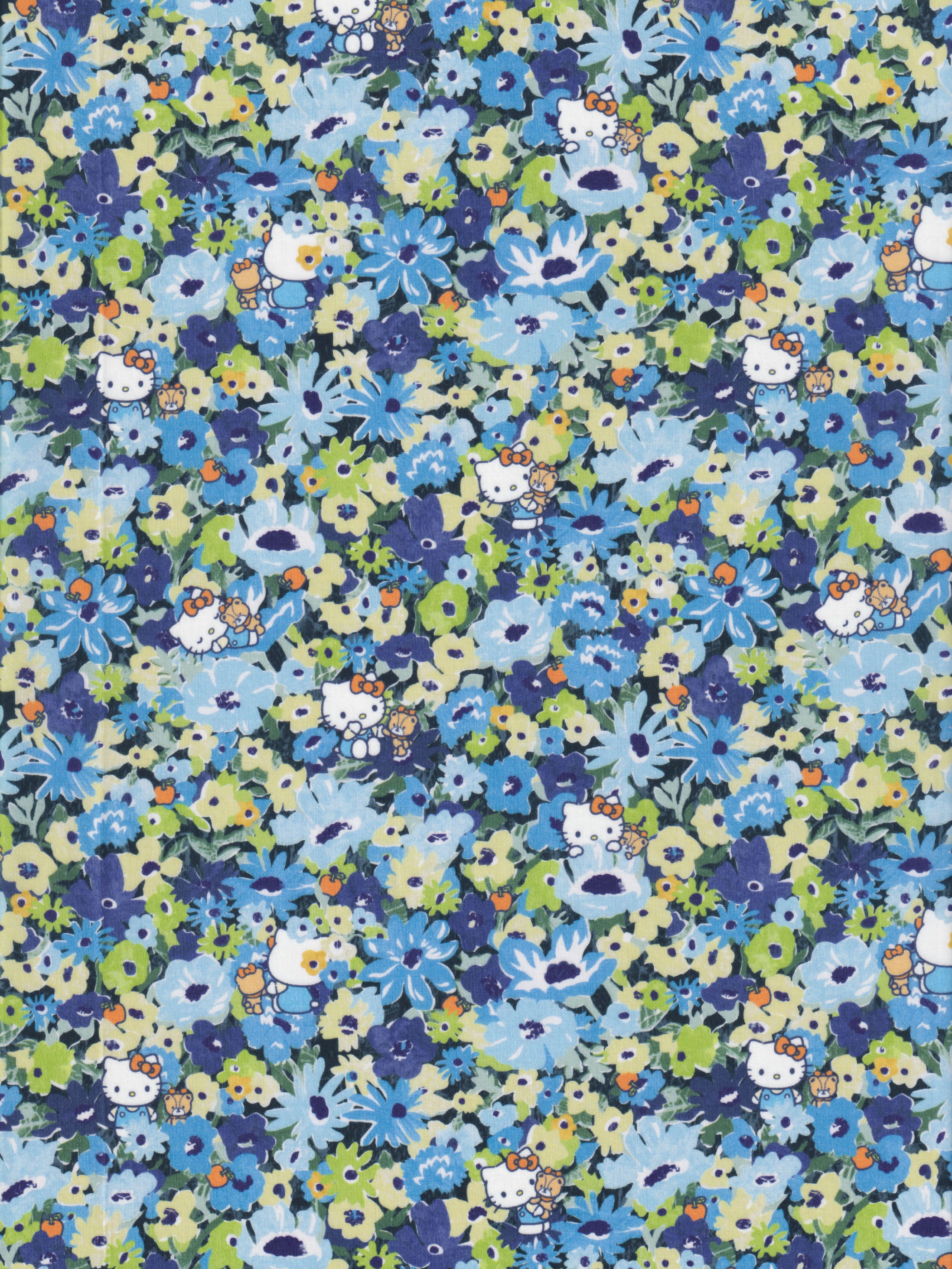 This print from the newest Liberty Japan x Hello Kitty collaboration is a twist on the much-loved classic Liberty print Thorpe. Hello Kitty and her teddy play hide-and-seek in a meadow of flowers in blues and greens.