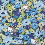 This print from the newest Liberty Japan x Hello Kitty collaboration is a twist on the much-loved classic Liberty print Thorpe. Hello Kitty and her teddy play hide-and-seek in a meadow of flowers in blues and greens.