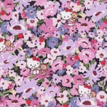 This print from the newest Liberty Japan x Hello Kitty collaboration is a twist on the much-loved classic Liberty print Thorpe. Hello Kitty and her teddy play hide-and-seek in a meadow of flowers in pinks and purples.