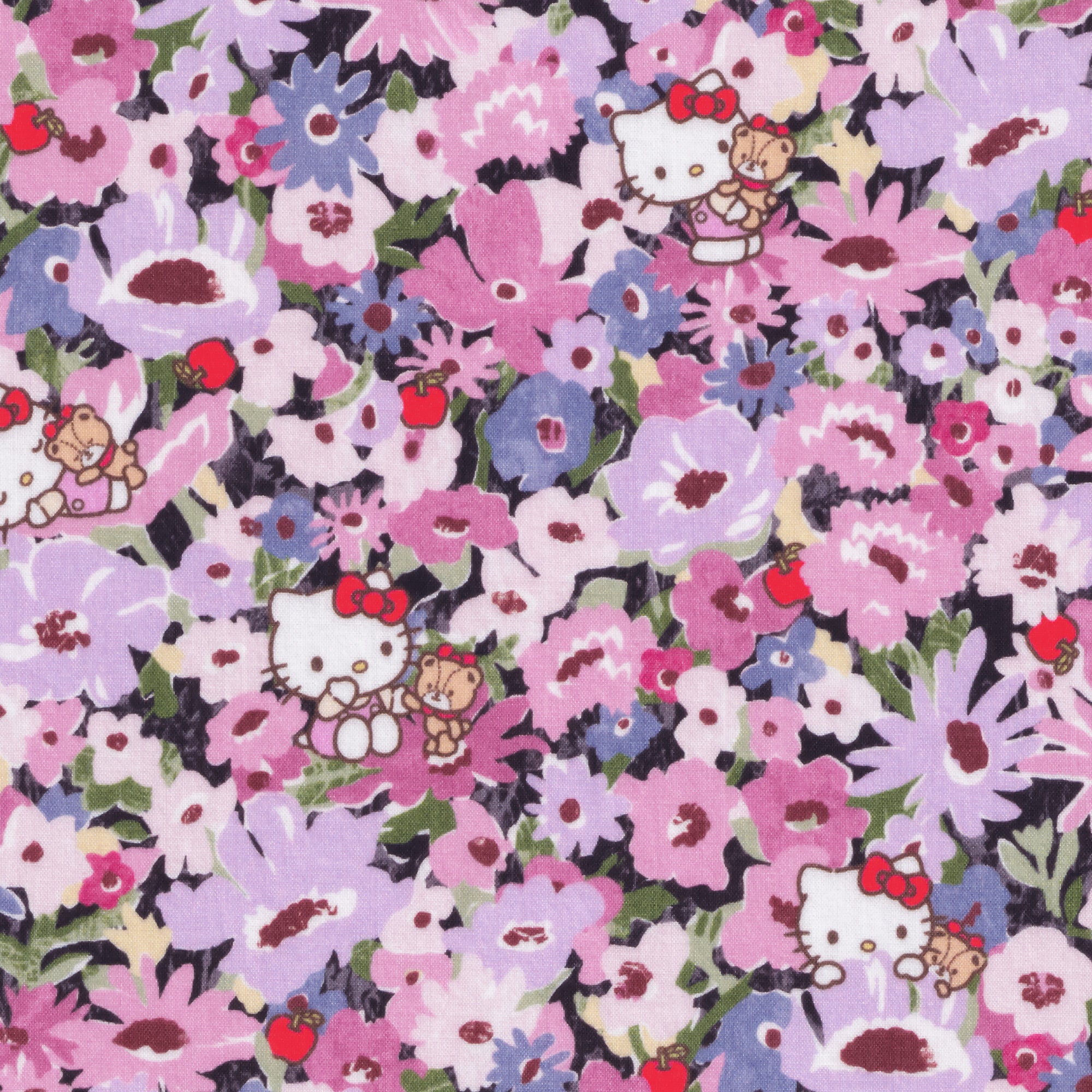 This print from the newest Liberty Japan x Hello Kitty collaboration is a twist on the much-loved classic Liberty print Thorpe. Hello Kitty and her teddy play hide-and-seek in a meadow of flowers in pinks and purples.