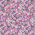 This print from the newest Liberty Japan x Hello Kitty collaboration is a twist on the much-loved classic Liberty print Thorpe. Hello Kitty and her teddy play hide-and-seek in a meadow of flowers in pinks and purples.