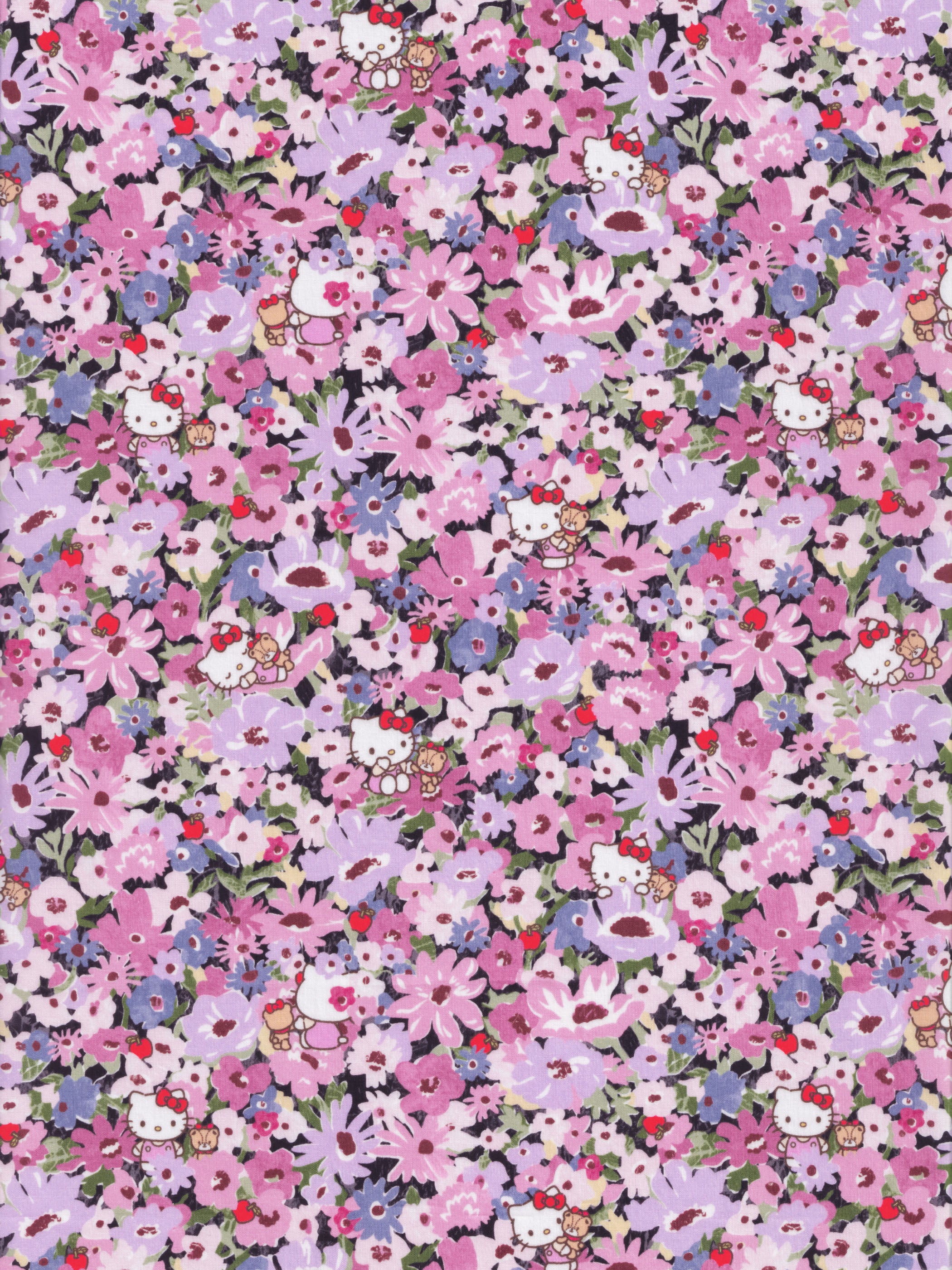 This print from the newest Liberty Japan x Hello Kitty collaboration is a twist on the much-loved classic Liberty print Thorpe. Hello Kitty and her teddy play hide-and-seek in a meadow of flowers in pinks and purples.
