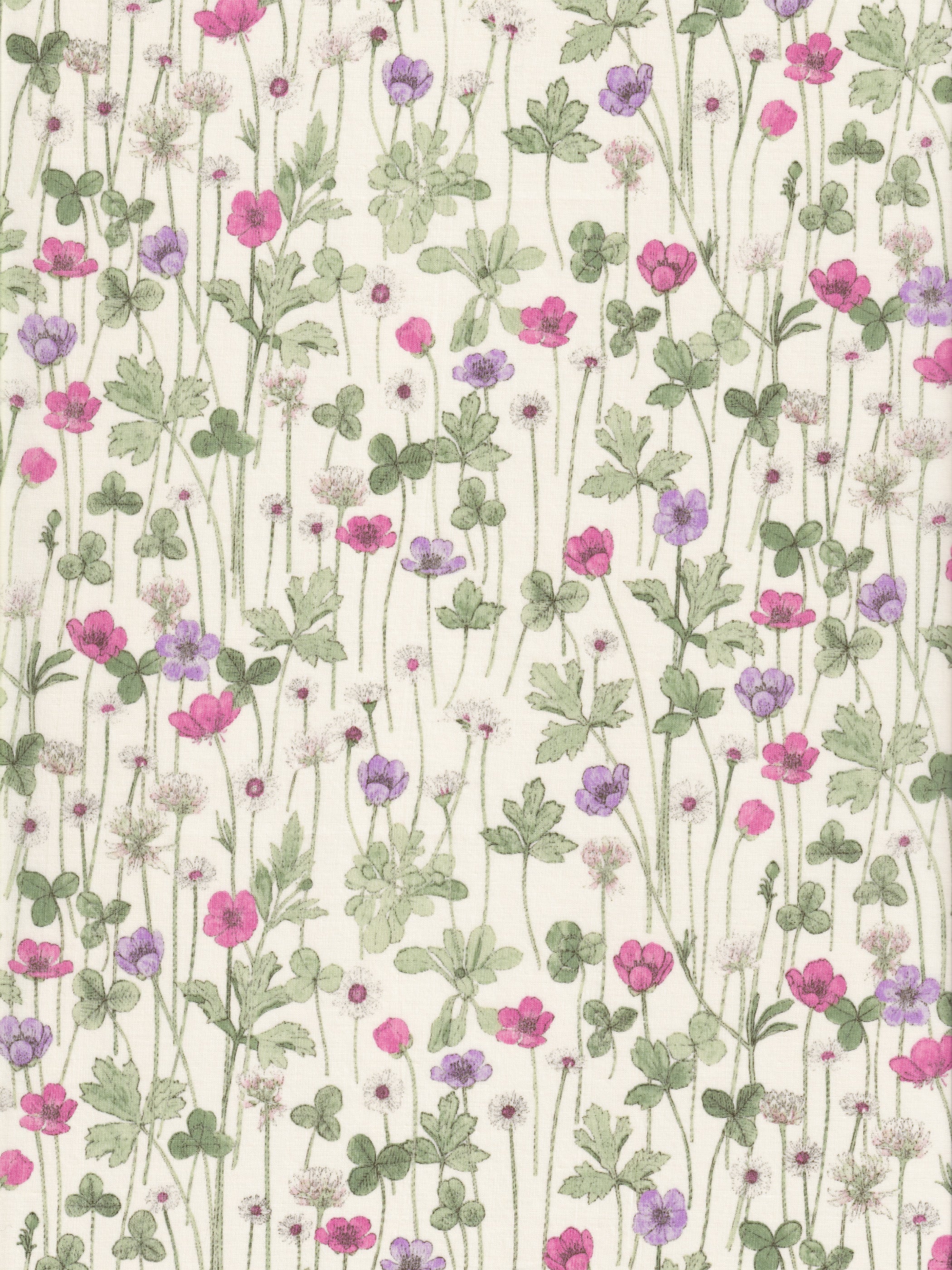A beautiful hand-drawn Liberty floral print shaded in watercolours. This Liberty Japan bespoke colourway has delicate pink and purple flowers on a cream background.