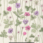 A beautiful hand-drawn Liberty floral print shaded in watercolours. This Liberty Japan bespoke colourway has delicate pink and purple flowers on a cream background.