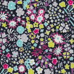 Kayoko is a dense floral pattern inspired by a design in a 1920s pattern book in the Liberty Fabrics archive. This discontinued colourway has pops of blue, acid green, pink, and purple on a black background.