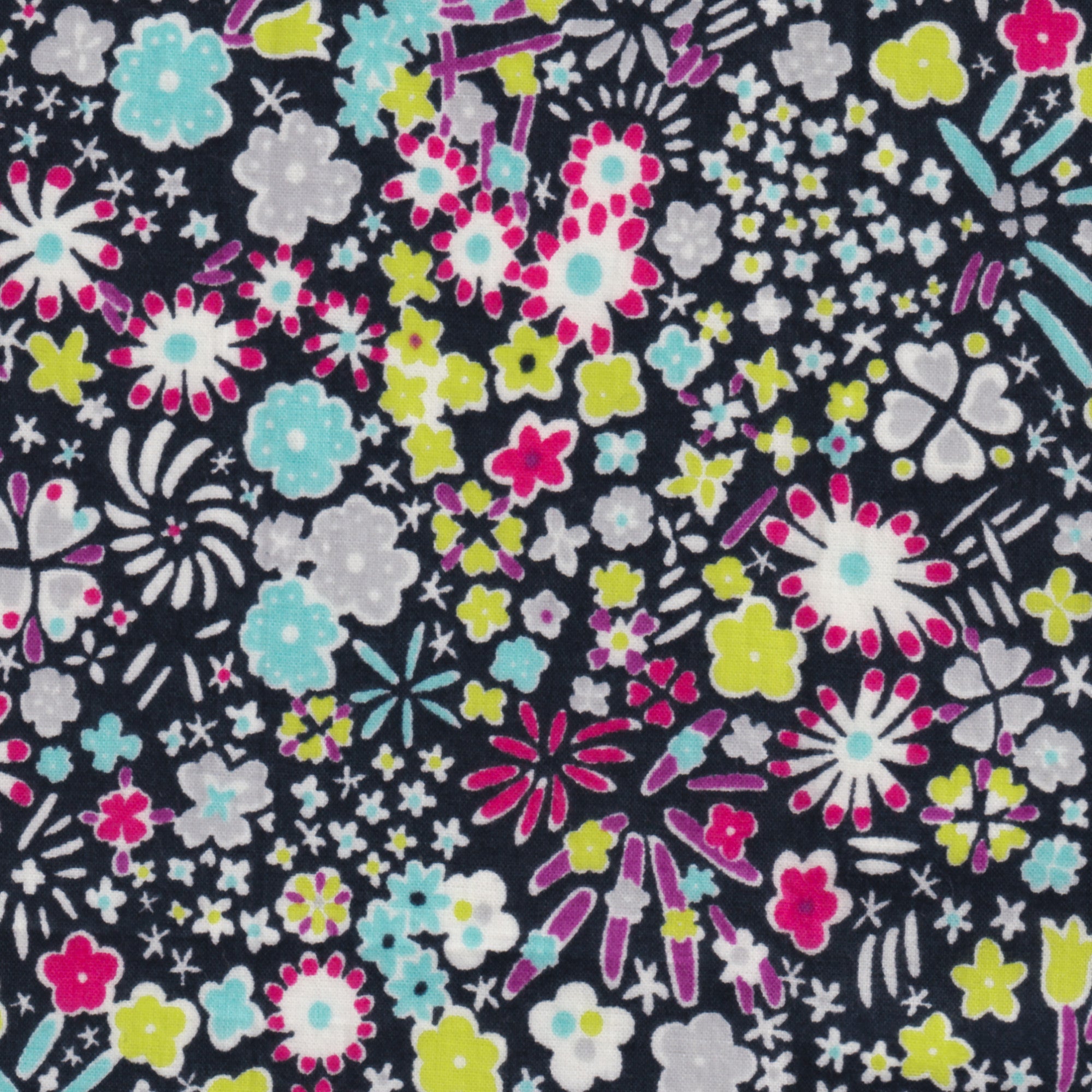 Kayoko is a dense floral pattern inspired by a design in a 1920s pattern book in the Liberty Fabrics archive. This discontinued colourway has pops of blue, acid green, pink, and purple on a black background.
