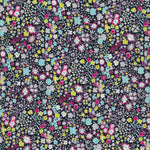 Kayoko is a dense floral pattern inspired by a design in a 1920s pattern book in the Liberty Fabrics archive. This discontinued colourway has pops of blue, acid green, pink, and purple on a black background.